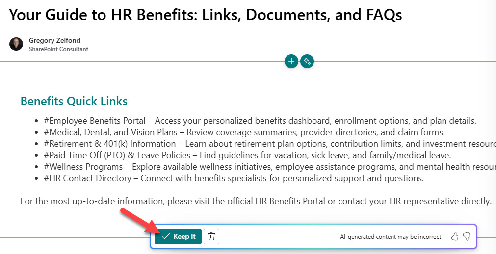AI-generated SharePoint page on HR benefits with the Keep it button highlighted