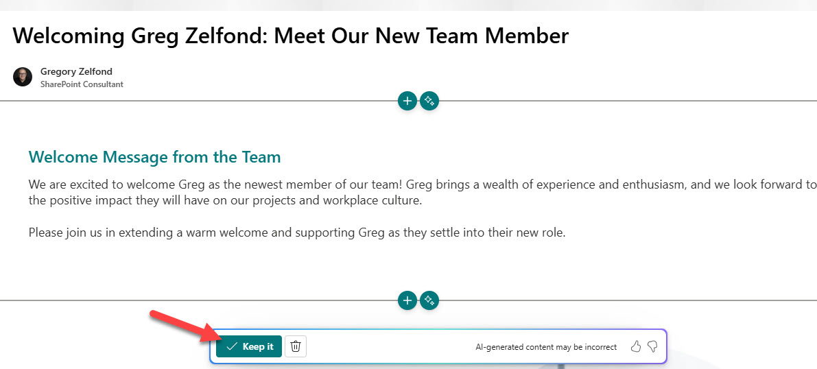 AI-generated SharePoint news post welcoming a new team member with the Keep it button highlighted
