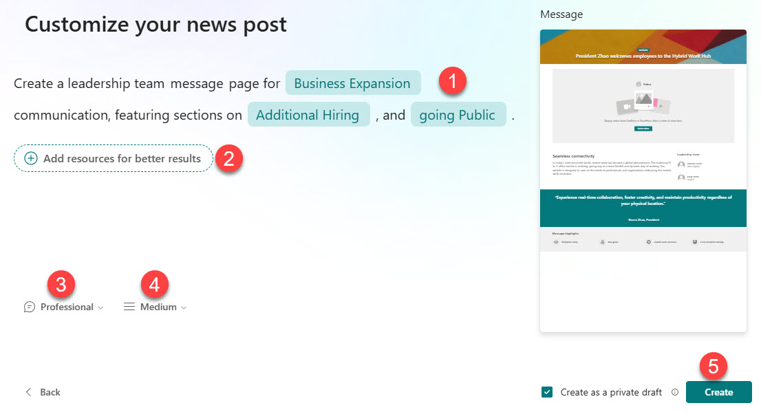 Customize your news post wizard with topic, tone and length filled in, plus Create button