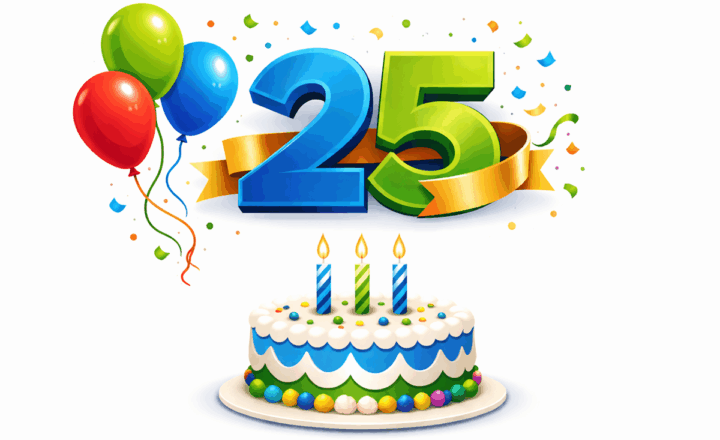 graphic - 25 with ribbon, balloons and cake
