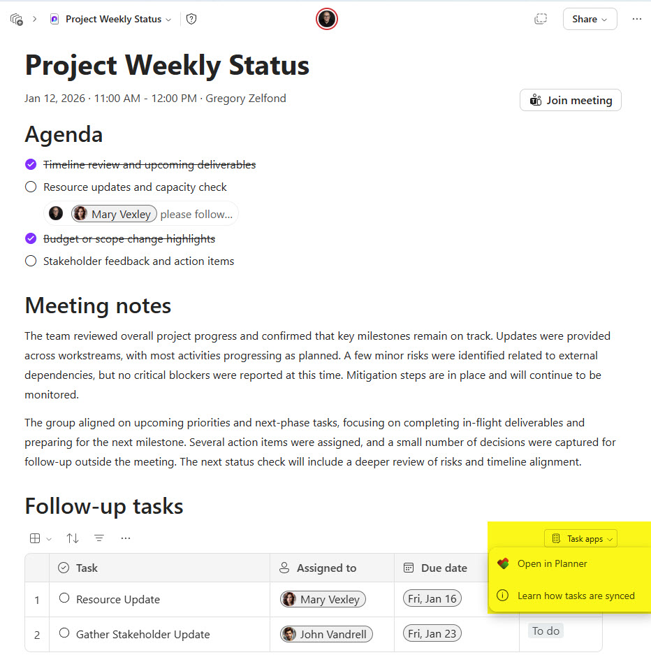 Example of a Meeting Notes Loop Page accessed from the Loop application
