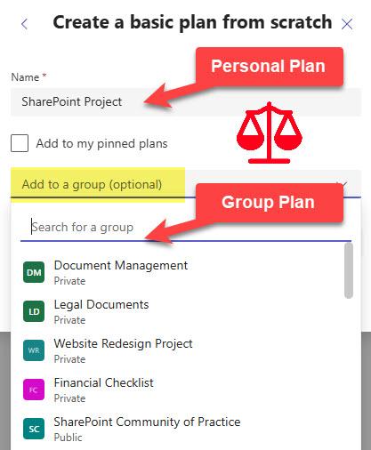 The plan will by default be created Private unless you add it to an existing site (Microsoft 365 Group)