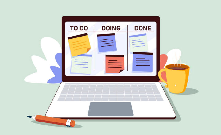 Laptop showing a To Do, Doing, Done task board, representing Planner views