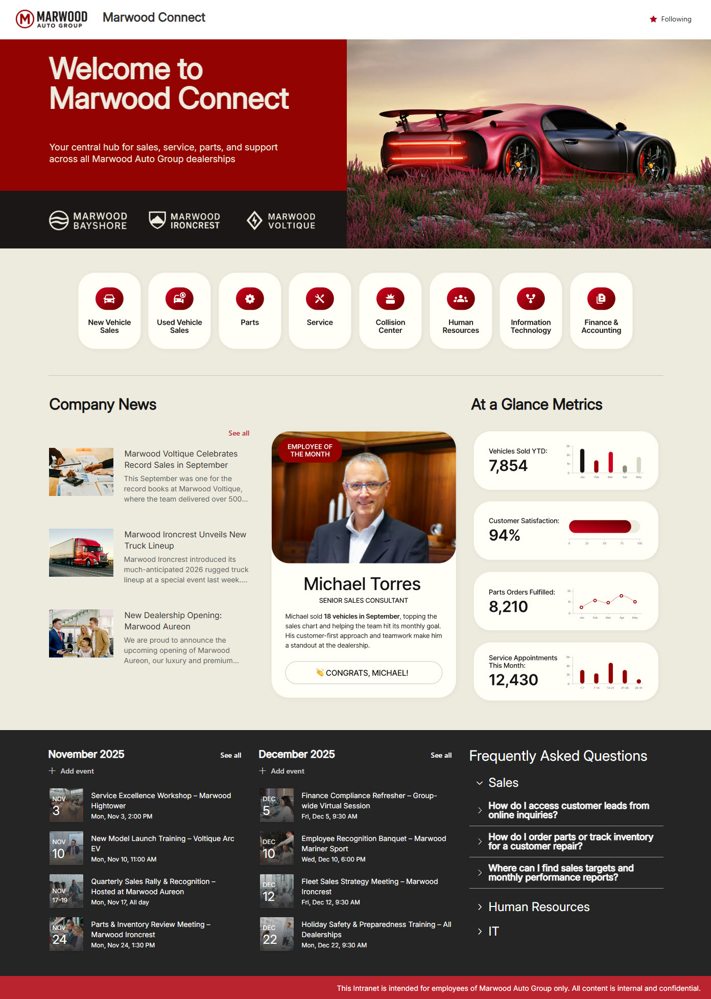 Example of a Company Intranet Homepage using Flexible Sections, Custom Theme and Custom Fonts