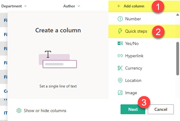 Quick Steps Column