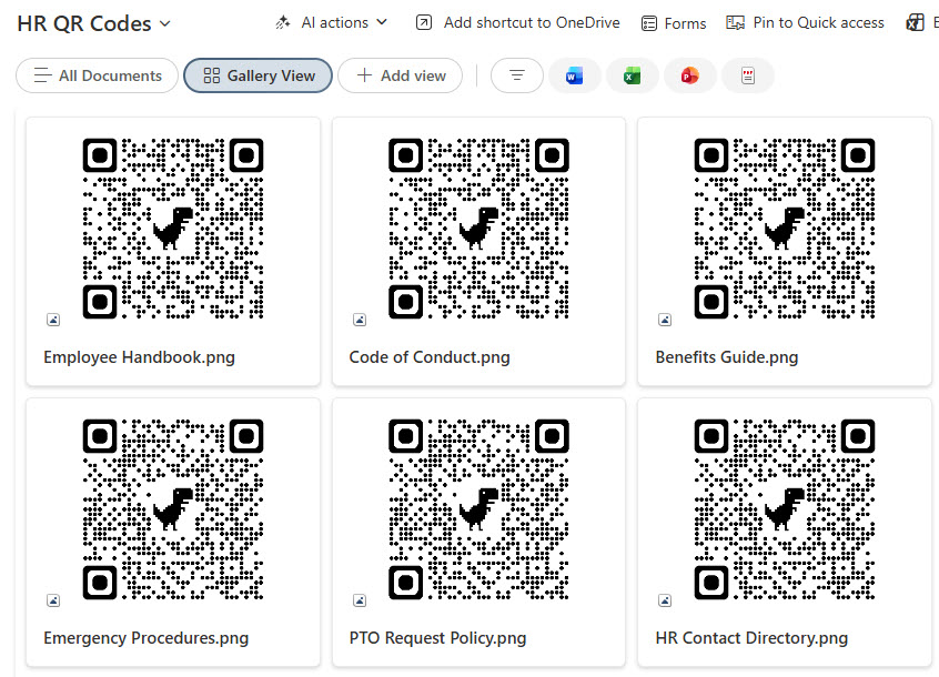 Example of QR Codes stored in a SharePoint Document Library (Gallery View)