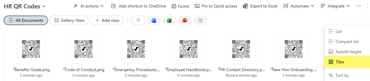 Example of QR Codes stored in a SharePoint Document Library (Tiles View)