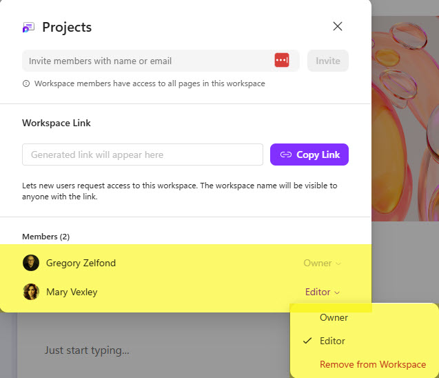Loop workspace members list showing Owner and Editor permission levels