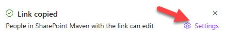 Link copied notification with the Settings option to change link permissions