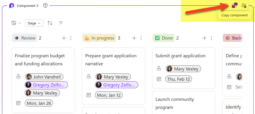 Copy component button in the upper right corner of a Loop component