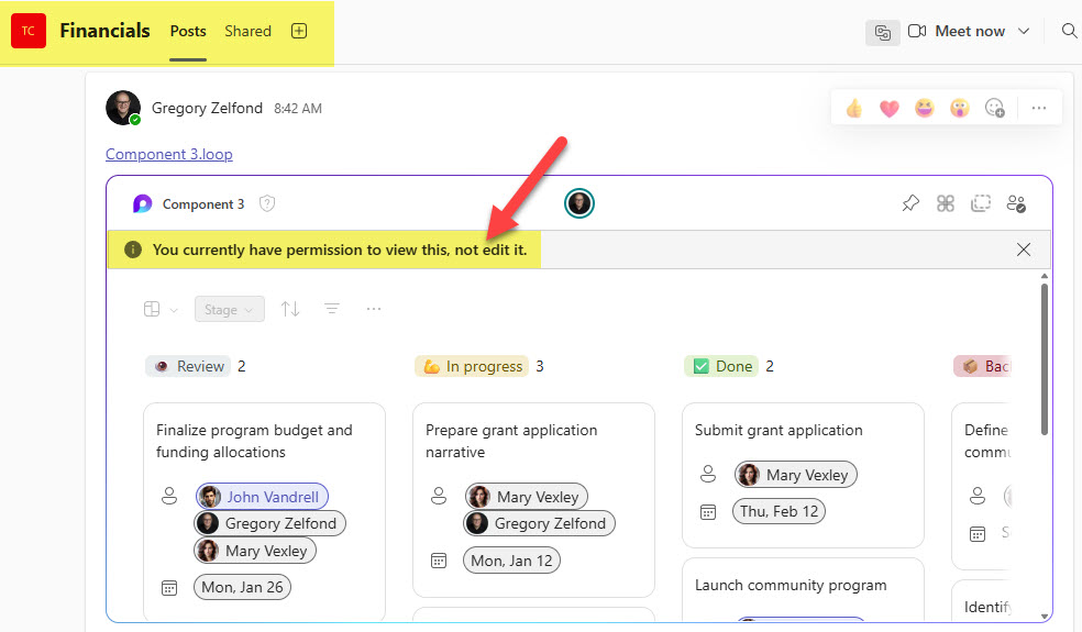Loop component in a Teams chat showing a view only permission message