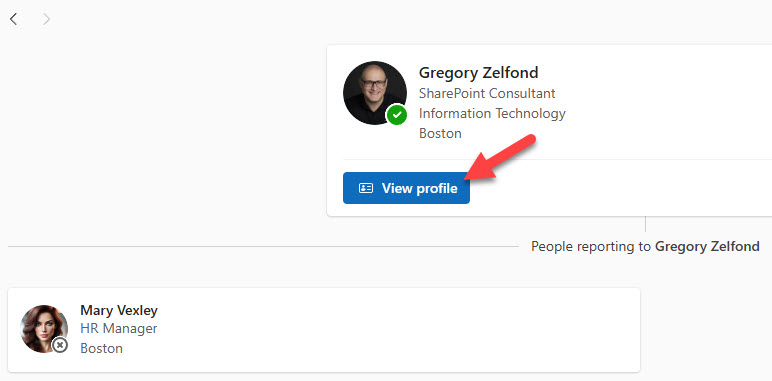 Org Explorer profile card with the View profile button highlighted