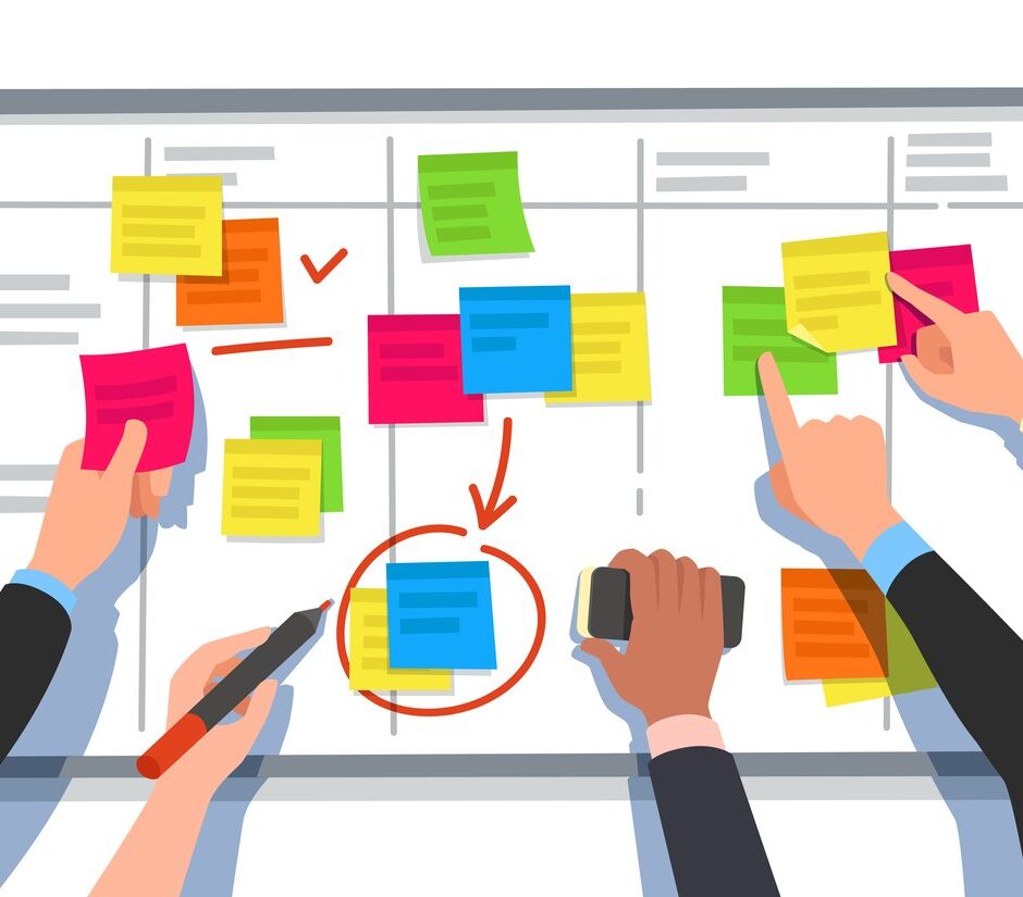 Hands arranging sticky notes on a task board, representing sprint planning