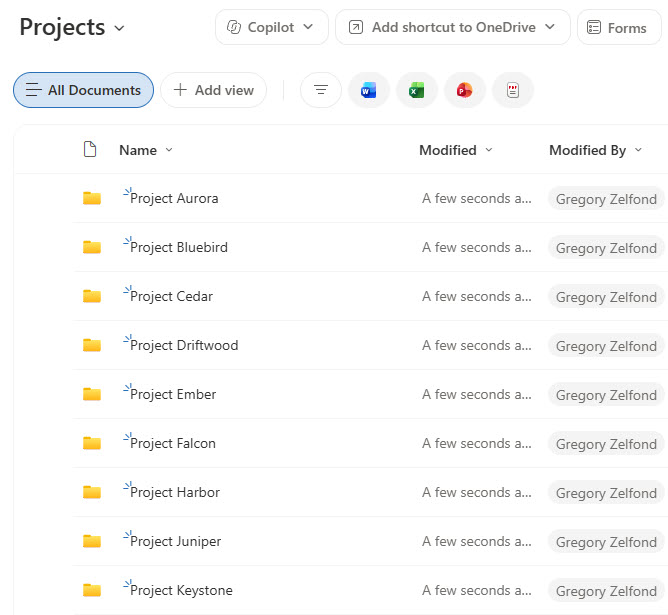An Example of a Document Library with a folder for each project