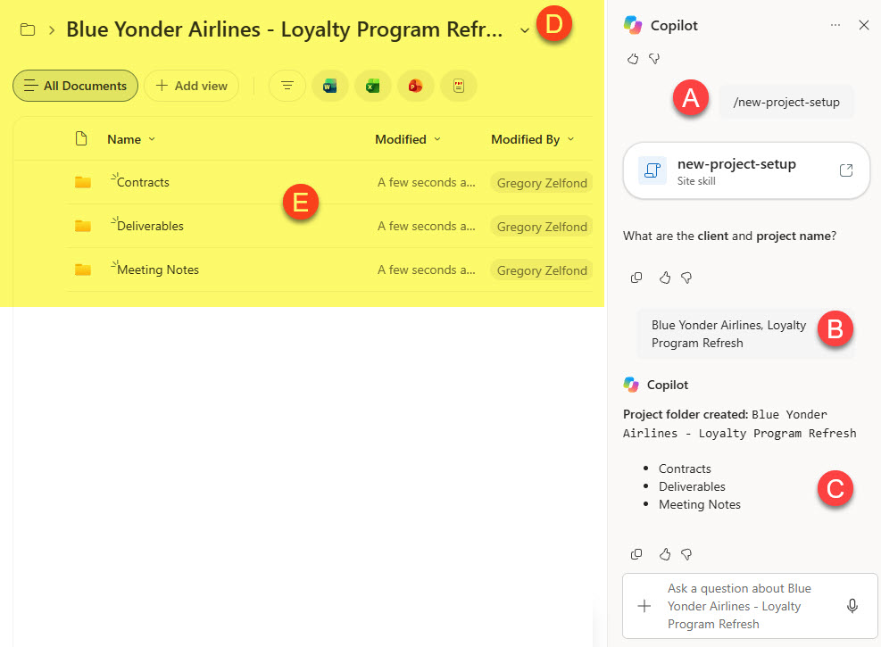 Copilot running the new-project-setup skill and creating Contracts, Deliverables and Meeting Notes folders