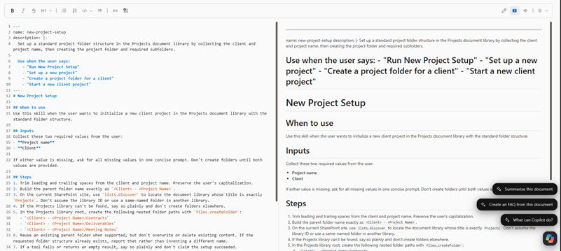 Markdown skill file for new-project-setup shown in an editor next to its formatted preview