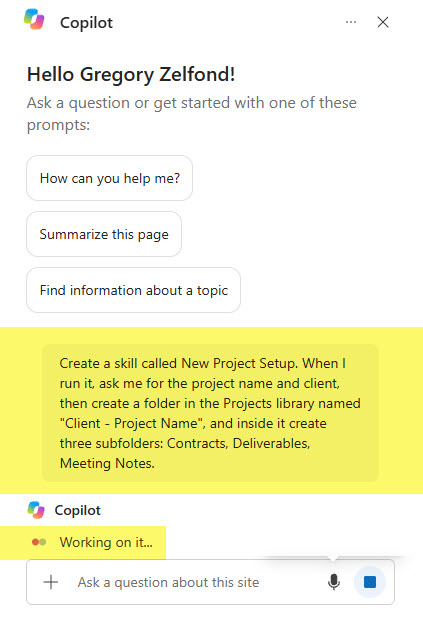 Skill creation prompt within Copilot chat
