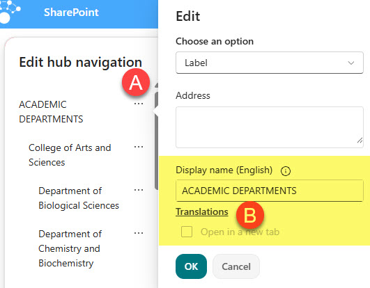 Edit link panel with the Translations option under the display name