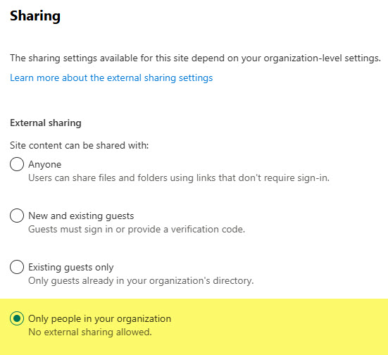 Ability to enable or disable external sharing at the site-level