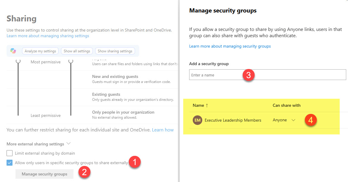Ability to allow external sharing for select users by designating a security group