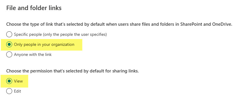 Configure default sharing links