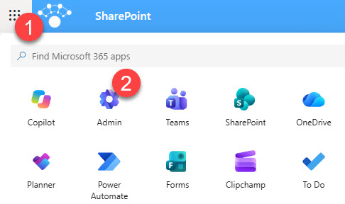 Microsoft 365 app launcher with the Admin app