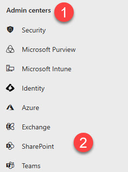 Admin centers list in the Microsoft 365 admin center with SharePoint