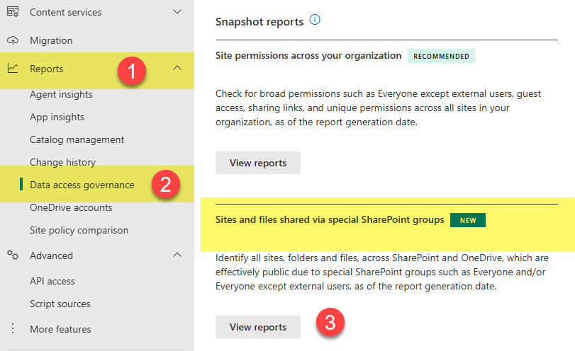 SharePoint admin center Reports, Data access governance and View reports under Sites and files shared via special SharePoint groups