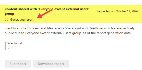 Everyone except external users group report showing Generating report